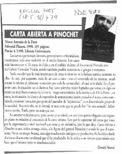 Carta abierta a Pinochet  [artículo] Daniel Noemi.