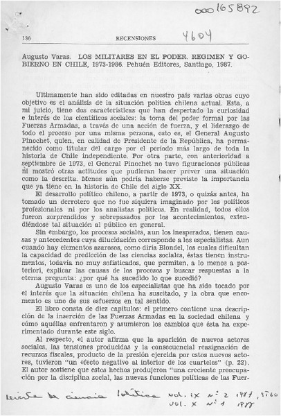 Los militares en el poder, régimen y gobierno en Chile, 1973-1986  [artículo] Mercedes Aubá A.