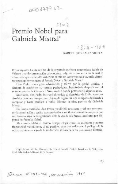 Premio Nobel para Gabriela Mistral  [artículo] Gabriel González Videla.