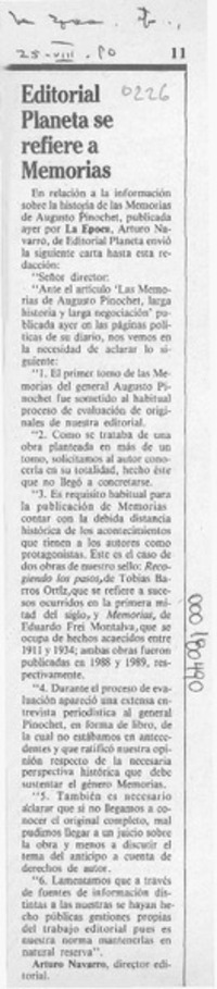 Editorial Planeta se refiere a memorias
