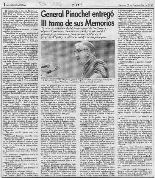 General Pinochet entregó III tomo de sus memorias  [artículo].