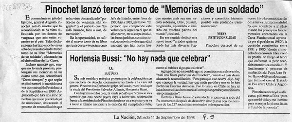 Pinochet lanzó tercer tomo de "Memorias de un soldado"  [artículo].