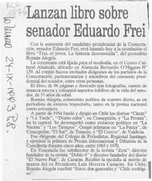 Lanzan libro sobre sobre senador Eduardo Frei  [artículo].