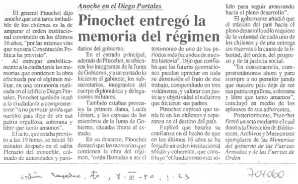 Pinochet entregó la memoria del régimen.