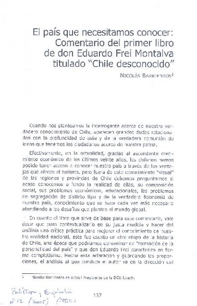 El país que necesitamos conocer, comentario del primer libro de don Eduardo Frei Montalva titulado "Chile desconocido"