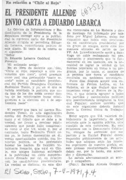 El presidente Allende envió carta a Eduardo Labarca