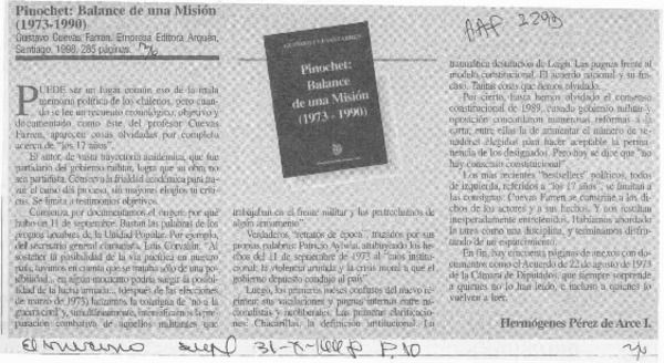 Pinochet, balance de una misión (1973-1990)  [artículo] Hermógenes Pérez de Arce I.
