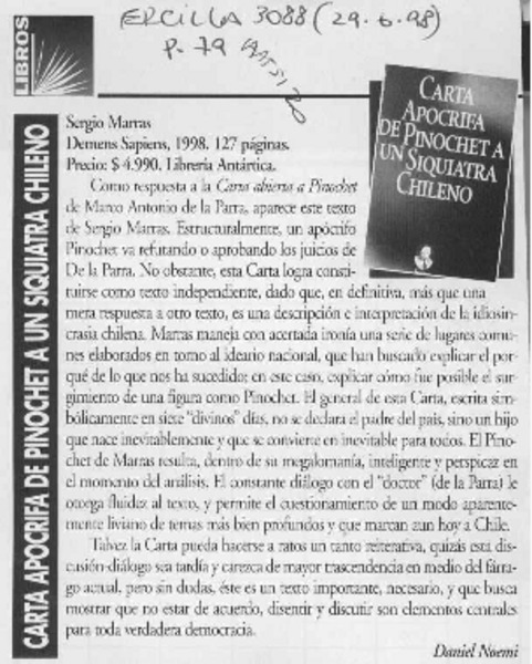 Carta apócrifa de Pinochet a un siquiatra chileno  [artículo] Daniel Noemí.