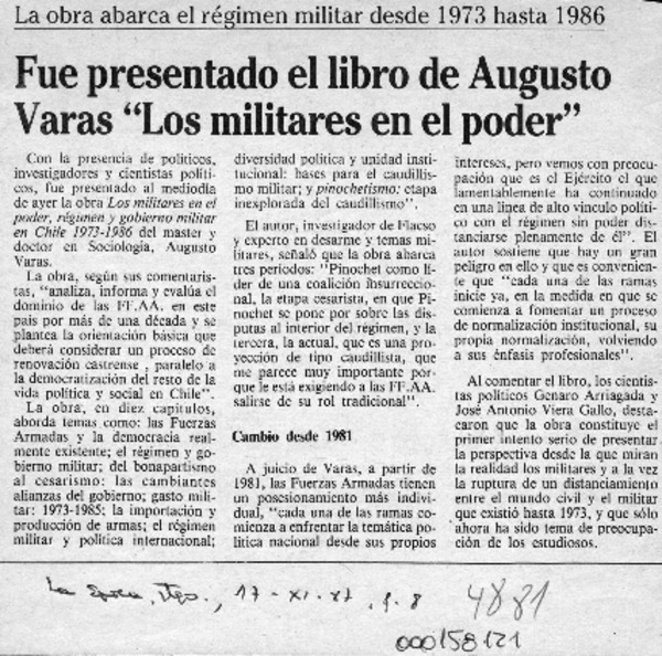 Fue presentado el libro de Augusto Varas "Los militares en el poder"  [artículo].
