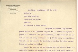 [Carta] 1935 sept. 27, Santiago, [Chile] [a] Gabriela Mistral, Consulado de Chile, Madrid, [España]