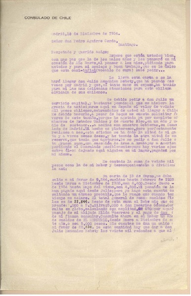 [Carta] 1934 dic. 10, Madrid, [España] [al] Señor Don Pedro Aguirre Cerda, Santiago, [Chile]