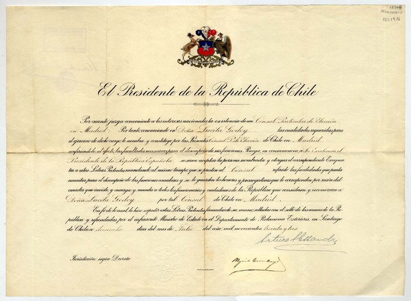 Letras patentes [Carta credencial] [a] Gabriela Mistral, Cónsul Particular de Elección en Madrid, España.