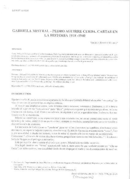 Gabriela Mistral-Pedro Aguirre Cerda, cartas en la historia 1918-1940  [artículo] Virginia Rioseco Medina.