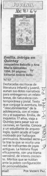 Emilia, intriga en Quintay  [artículo] Vicente Paz.